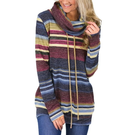 - Women's Multicolor Stripes Hooding Cape Drawstring Casual Tunic Top Long Sleeve Cowl Neck Sweatshirt
