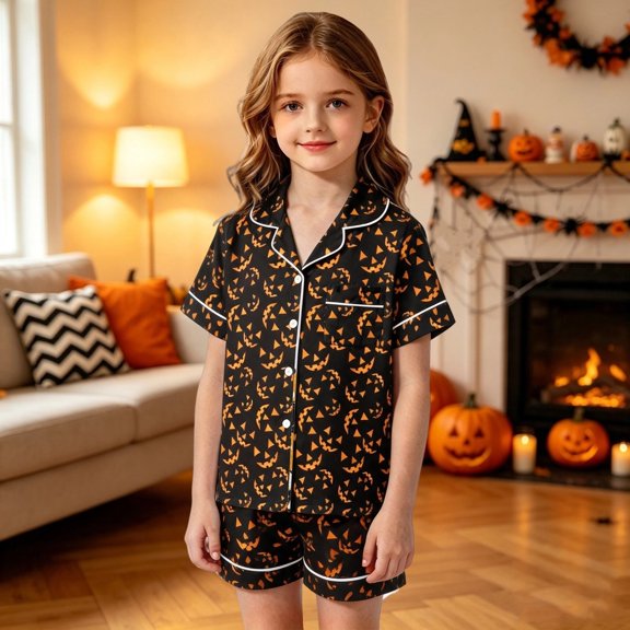 Angala Halloween Pajamas For Toddler Girls Pumpkin Face Graphic Pjs Outfits Short Sleeve Shorts Set Kid Fall Homewear