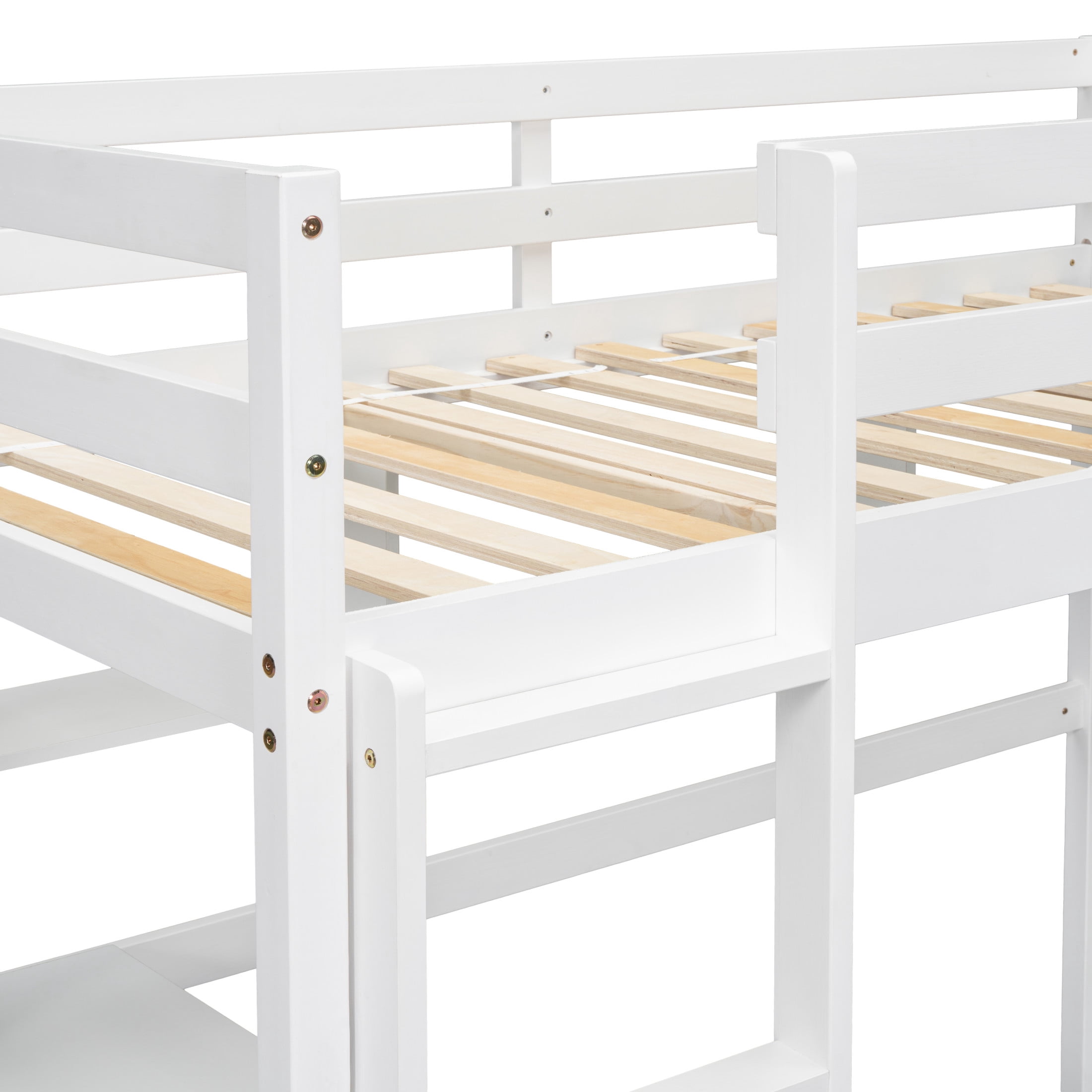 Noble House Sparkling Twin Loft Bed with Built-In Desk and Shelves, Pine Wood Frame with Ladder and Guardrails, White