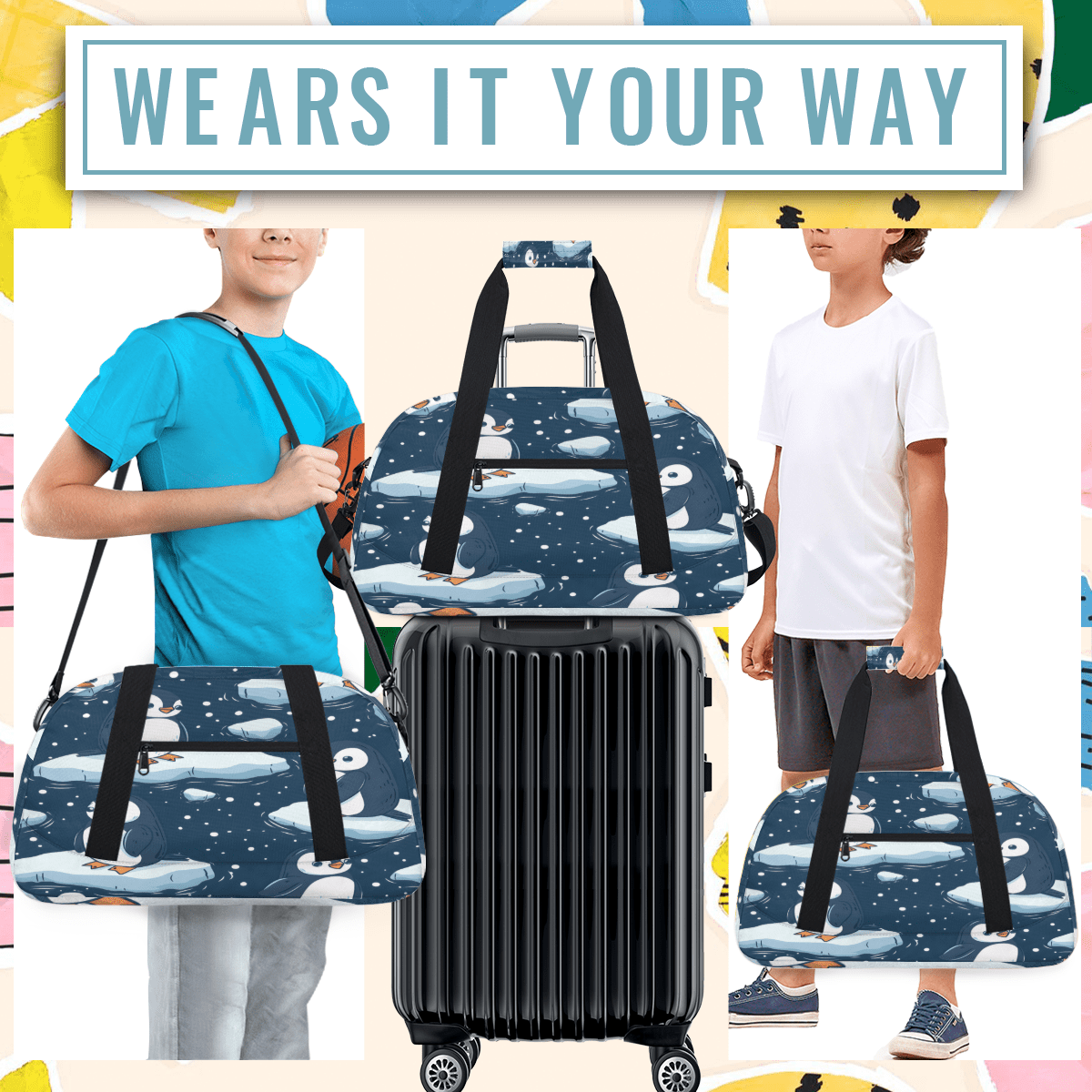 Herdesigns Penguin Sports Duffle Bag for Women & Men, Cute Animal Gym Bag Dance Bag Overnight Bag Carry On Weekender Travel Bag