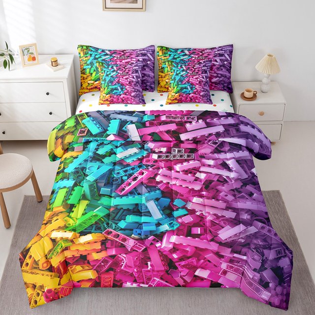 Building Blocks Full Comforter Set,7 Pieces Rainbow Bricks Comforters Full Bed in a Bag Gradient Watercolor Geometry Brick Bedding Comforter Sets with Comforter,Sheets,Shams & Pillowcases