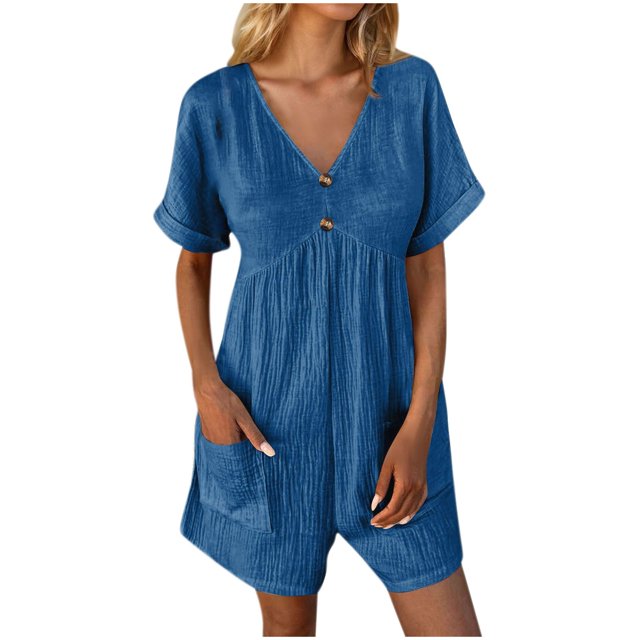 Yuyuzo Womens Jumpsuits Short Sleeve V Neck Wide Leg Shorts 1 Piece Lightweight Solid Color Rompers