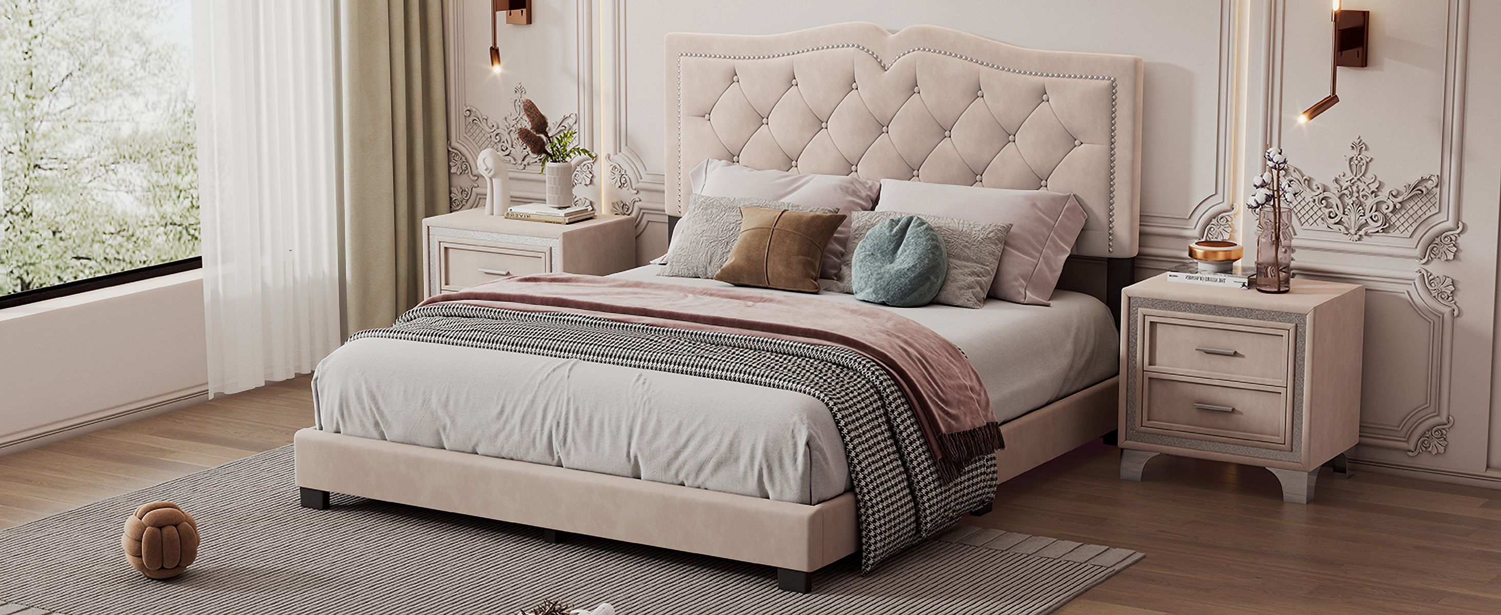 Queen Size Upholstered Bed Frame - Velvet Tufted Headboard with Rivet Design, Beige, 700LBS Capacity, No Box Spring Needed​