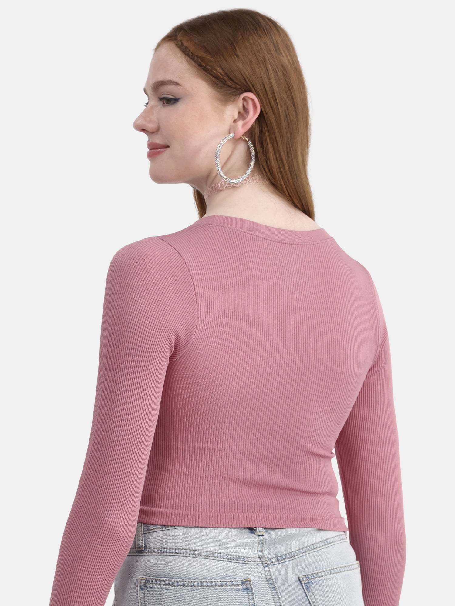 No Boundaries Seamless Ribbed Tee with Long Sleeves, Women's XXS-XXL