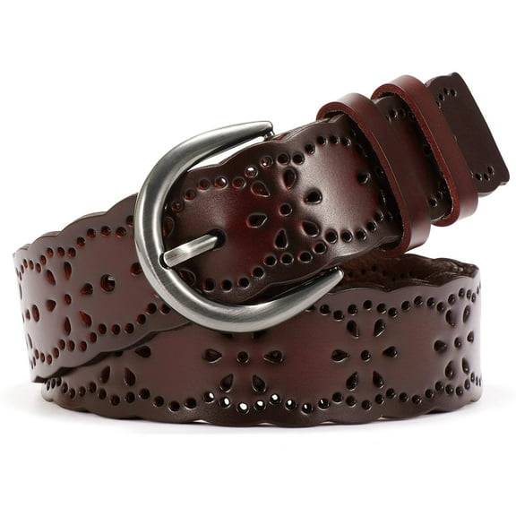 SUOSDEY Hollow Flower Leather Belt for Women Coffee Belt for Jeans Dresses Pants with Gift Box