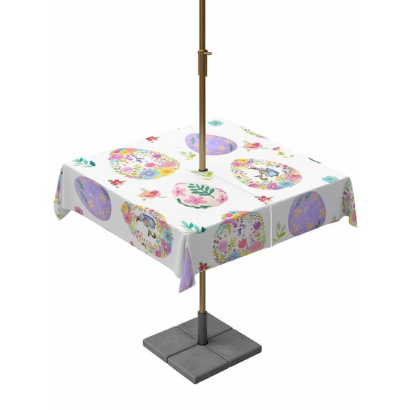 Easter Colorful Eggs Outdoor Tablecloth - 60x60 Inch Square Dining Table Cover, Spring Flowers Leaves Country Plants Waterproof Outdoor Table Cloth with Umbrella Hole & Zipper for Picnic/Patio/Party