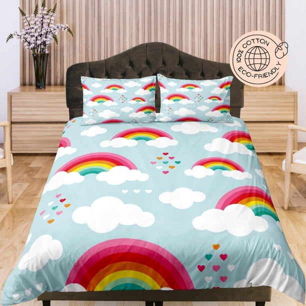 Juego de Funda Nórdica de Algodón Arco Iris para Niños, Ropa de Cama Azul Claro, Bebé
