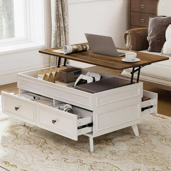 Coffee Table, 39.4" Lift Top Coffee Table with Storage for Living Room, Rustic Vintage Large Wood Center Table with 4 Drawers & Hidden Compartment, White Living Room Tables for Dining & Work