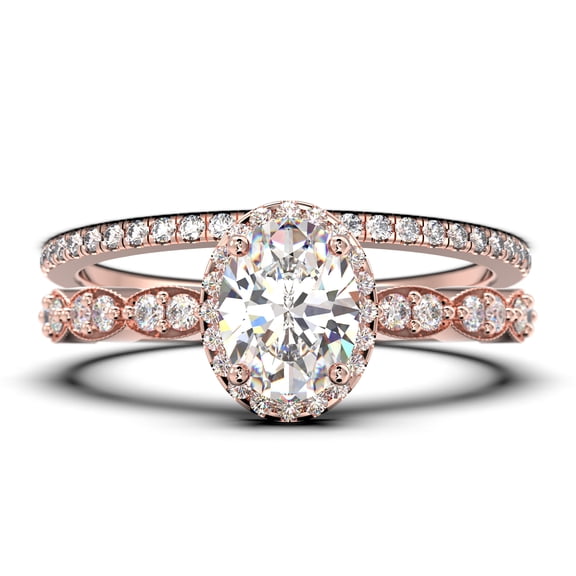 Art Deco 2.25 Carat Oval Cut Diamond Moissanite Classic Engagement Ring, Halo Wedding Ring in 925 Sterling Silver With 18k Rose Gold Plating Gift For Her, Bridal Set, Matching Band