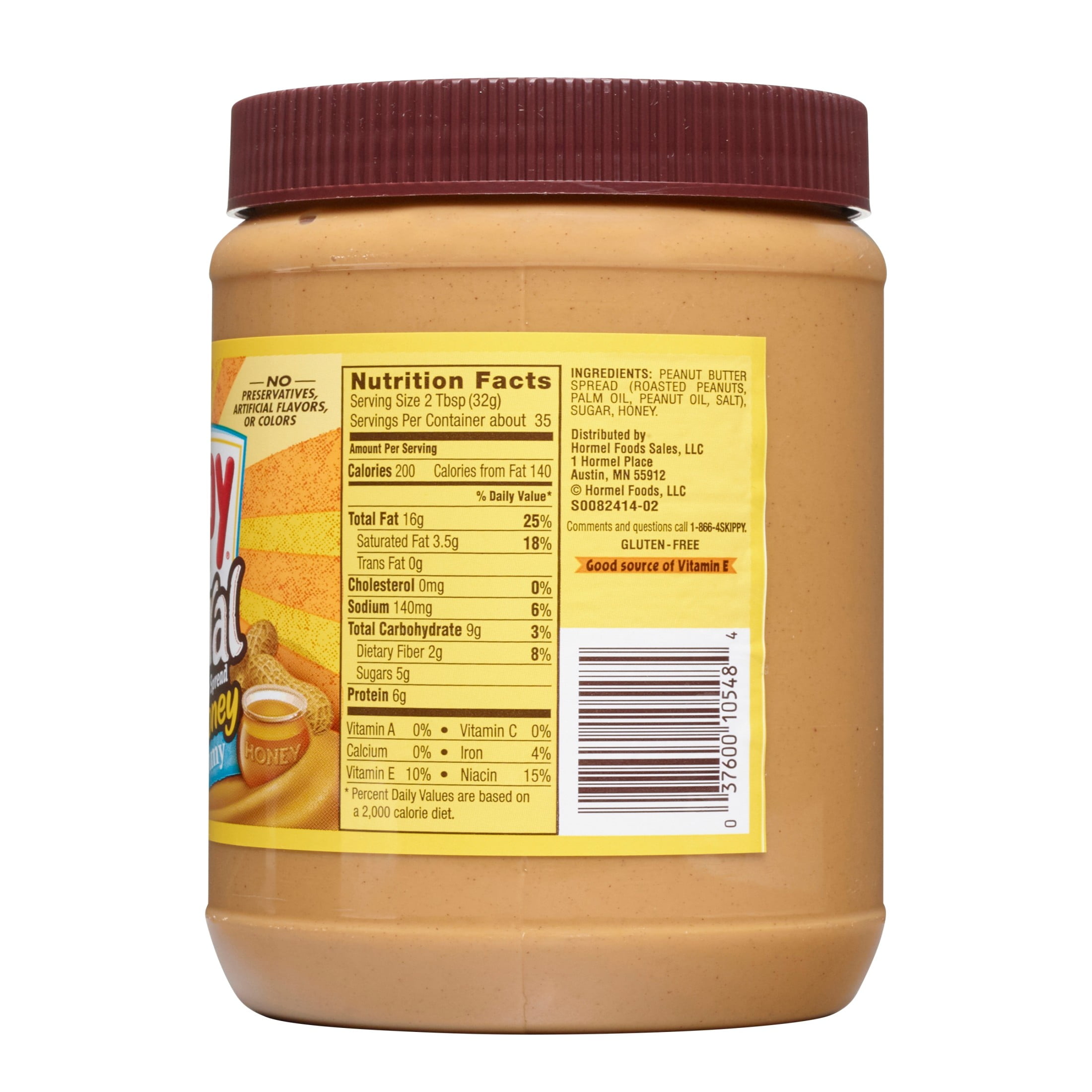 (3 pack) SKIPPY Natural Creamy Peanut Butter Spread with Honey, 6 g Protein Per Serving, Shelf-Stable, 40 oz Plastic Jar