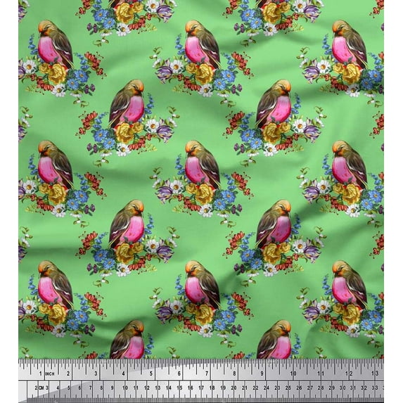 Soimoi Green Rayon Fabric Leaves,Floral & American Robin Bird Print Fabric by Yard 42 Inch Wide