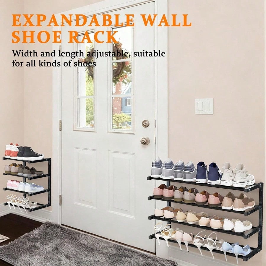 2 Pack Wall Mounted Shoe Rack 4 Tier Hanging Shoe Rack Holds 32 Pairs 17-30Adjustable Heavy Duty Wall Shoe Shelf with 4 Storage Hooks Space Saving for Closet Entryway Black Patent Pending