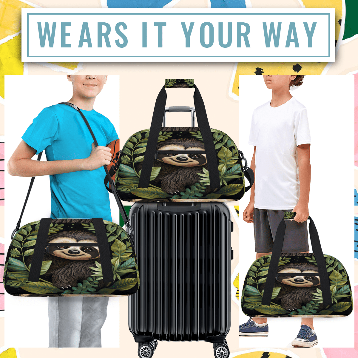 Herdesigns Cute Sports Duffle Bag for Women & Men, Sloth Gym Bag Dance Bag Overnight Bag Carry On Weekender Travel Bag