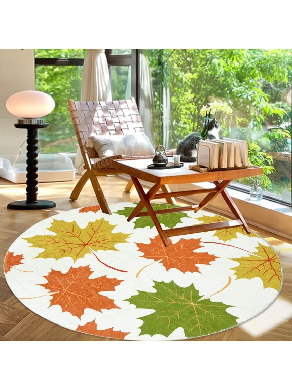 Leaf Rug Round Bedroom Living Room Carpet 4Ft Circle Rustic Plant Area Rug for Dorm Boho Floor Mat Soft Farmhouse Colorful Washable Rug, Maple Leaf