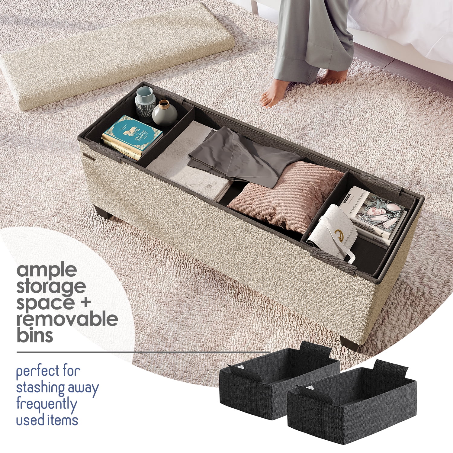 Hearth & Harbor Storage Ottoman Bench, Boucle 43" Ottoman with Storage , Beige