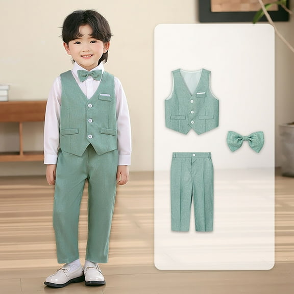Boys Formal Suit Vest Tuxedo 3 Piece Outfit Set for Kids Stylish Attire with Bowtie and Pants Slim Fit Design for