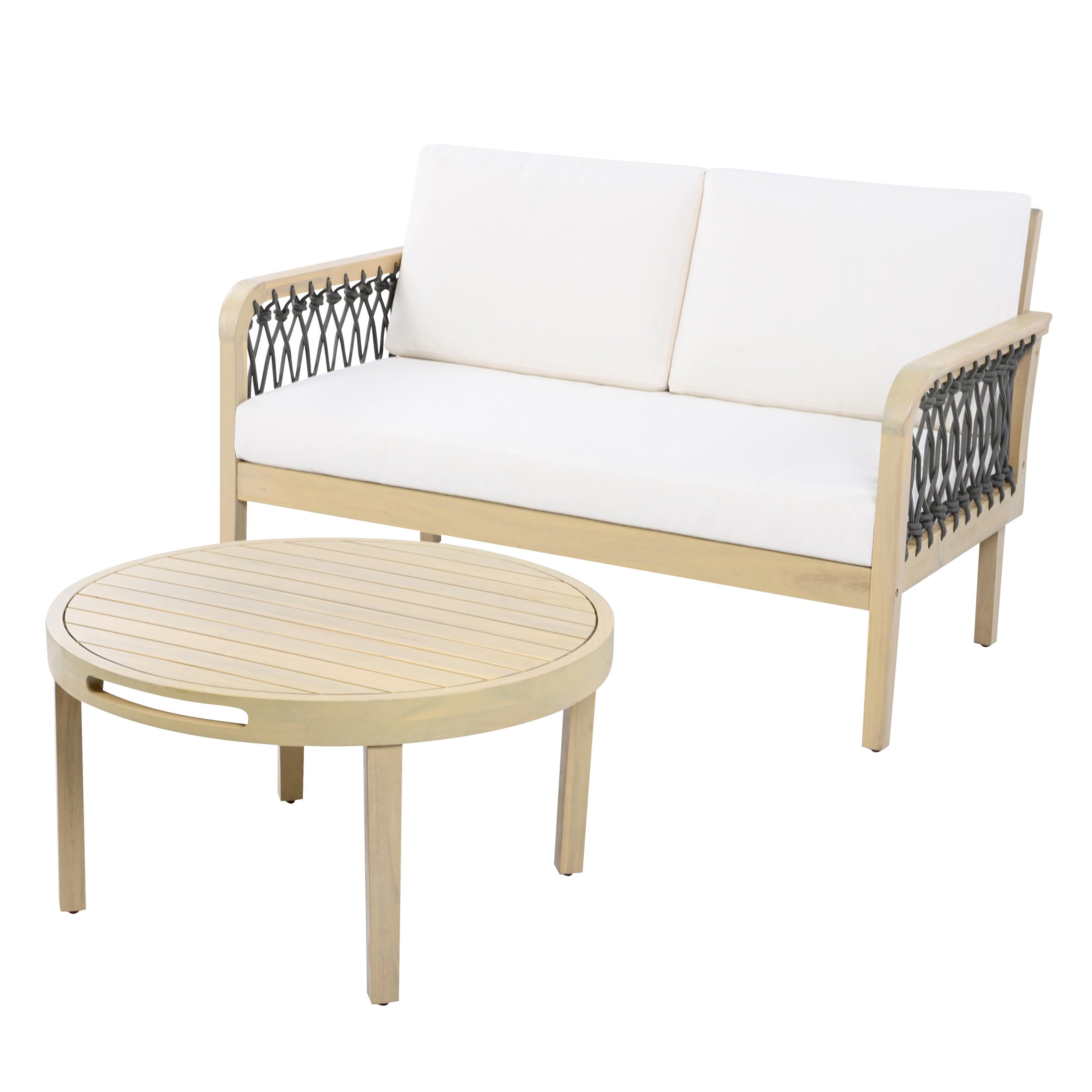 Christopher Knight Home Modern Outdoor Loveseat and Coffee Table Set, Handwoven Rope, Light Teak