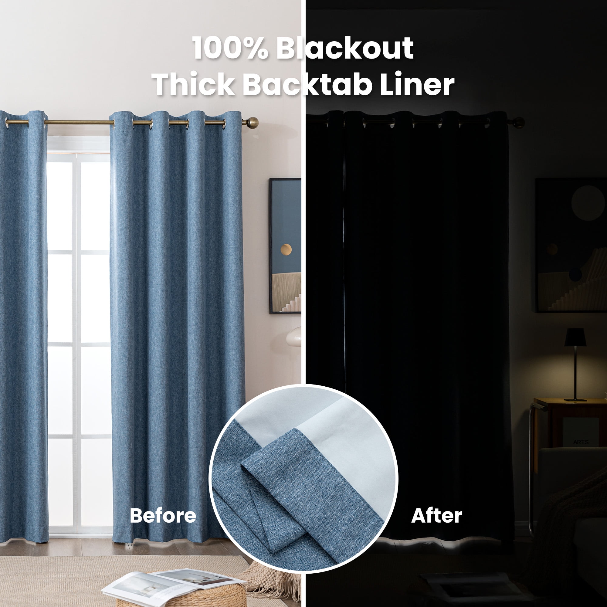 Sleep Zone Linen Look 100% Blackout Curtains for Bedroom Windows Living Room Darkening Thermal Insulated Drapes 2 Panels, 42" x 63" Blue