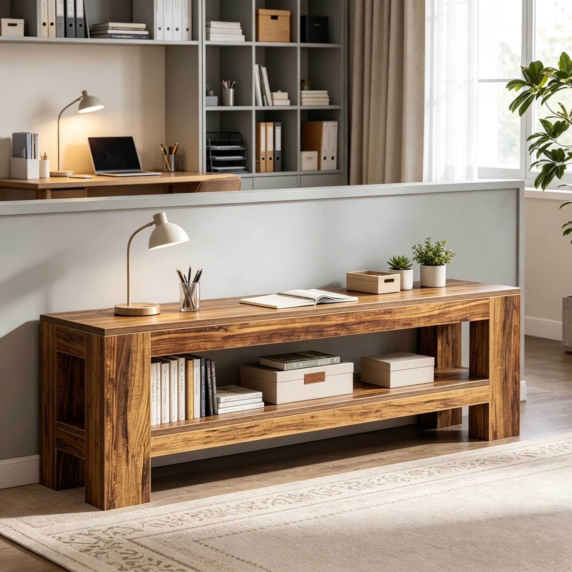 Farmhouse 64.17 in Entryway Bench, MDF Shoe Storage Console and End of Bed Table