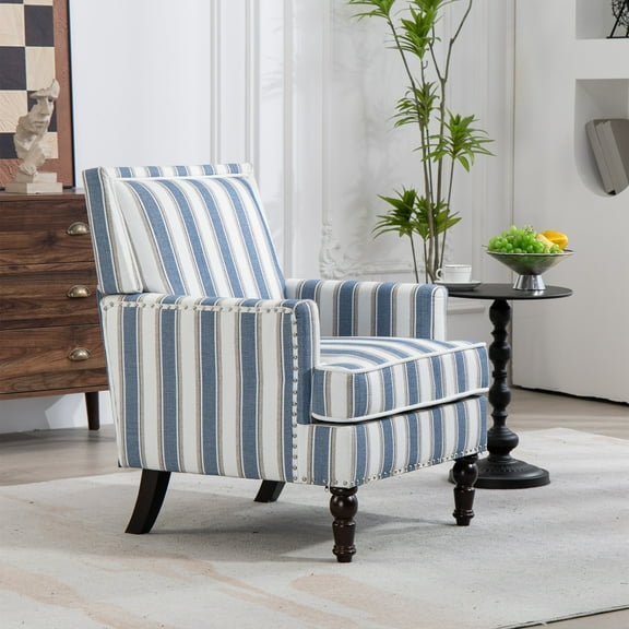 Aukfa Accent Chair Mid-Century Modern High Back Armchair Lounge for Living Room, Rivet Trim, Blue Stripes