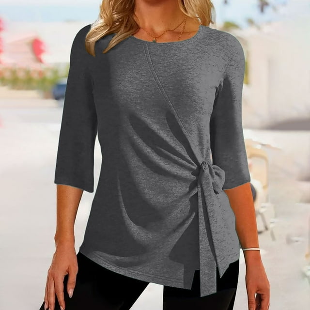Chandails en Molleton Pulls Décontractés Confortables Tenues de Mode Automne Vêtements 2023 Femmes Hauts Automne Manches 3/4 Col Rond Coupe Ample Chemises Ceinturées Blouses Couleur Unie