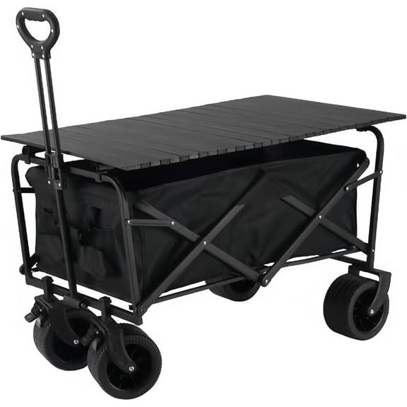 TYUIOP Collapsible Folding Wagon Cart, Heavy Duty Wagon with All Terrian Wheel, Foldable Utility Camping Park Wagon Cart with Aluminum Tabletop for Beach Black