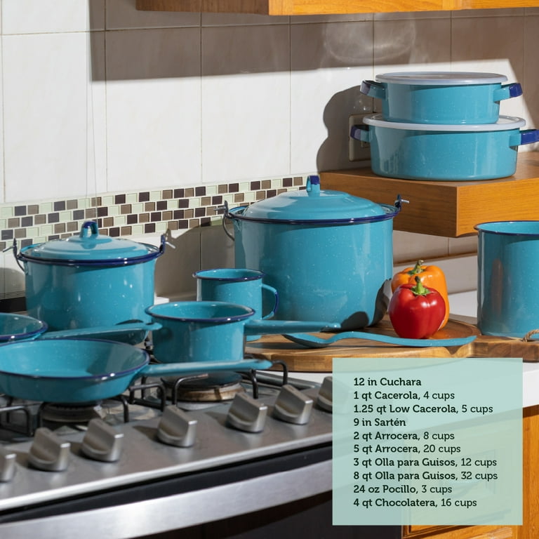 Cinsa 14-Piece Enameled Steel Cookware Set, Turquoise Blue