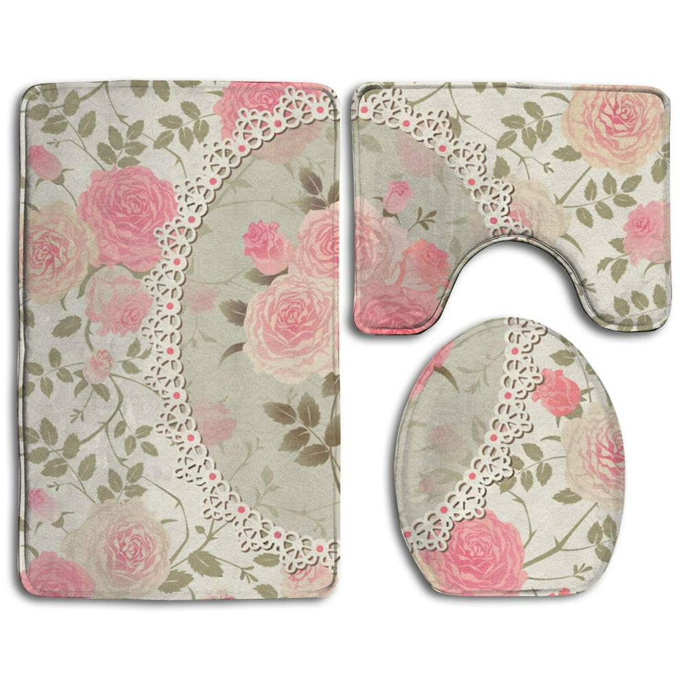 CHAPLLE Pink Roses Flower Floral 3 Piece Bathroom Rugs Set Bath Rug