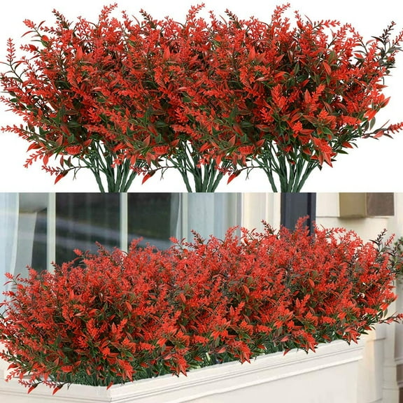 8 Bundles Artificial Flowers Fake Lavender UV Resistant Shrubs, Faux Plastic Greenery Plants for Indoor Outdoor Garden Porch Window Box Home Decor
