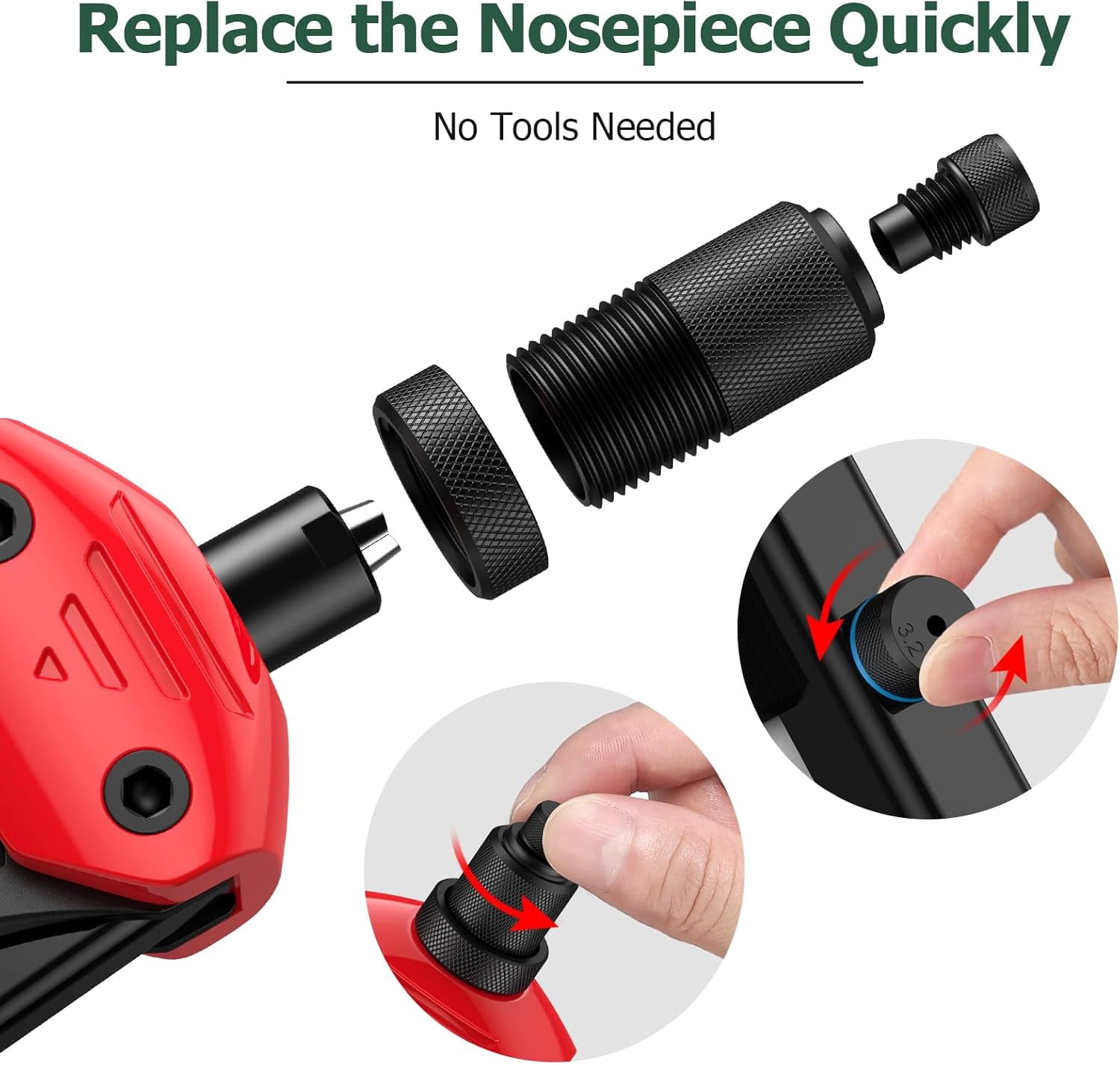 JiGiU 13.3" Heavy Duty Manual Rivet Gun - Professional Pop Rivet Tool with 5 Interchangeable Nozzles (2.4mm/3.2mm/4.0mm/4.8mm/6.4mm) & 200 Rivets for Metal Furniture, Car, Trailer