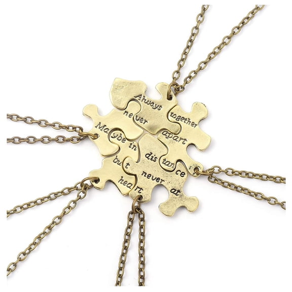 Bronze Engraved Sisters Friends Forever Puzzle Piece Pendant Necklaces for Best Friend BBF Friendship, Set of 5