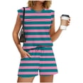 thumbnail image 3 of 2 Piece Summer Sets for Women Sleeveless Pleated Tank Top and Drawstring Elastic Waisted Shorts Loungewear (M, Pink|Stripes), 3 of 8