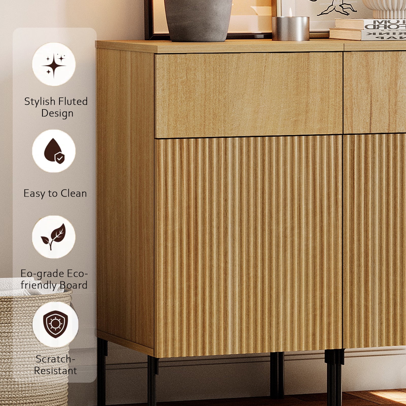 31.5" Wooden 2-Doors Sideboard with Charging Station, Modern Reeded Credenza Storage Cabinet for Kitchen, Dining Room