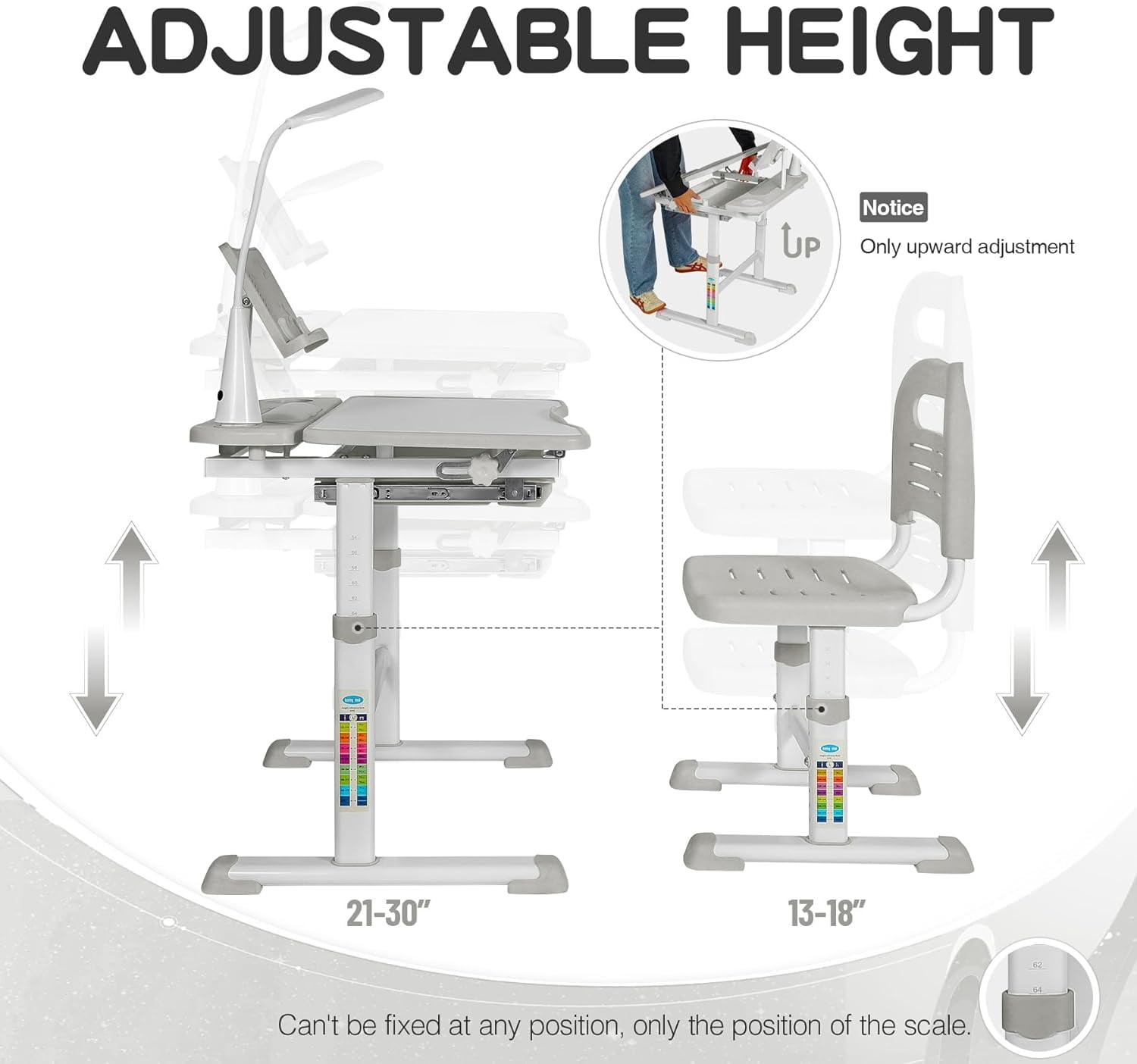 RedSwing Kids Desk and Chair Set, Adjustable Height Children Study Table Chair with Led Light, Bookstand, Portable Kids Desk with Tilted 0-60° Table Top for Age 3-15