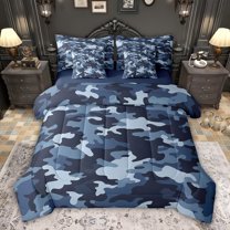 jejeloiu Camouflage Hunting 7-Piece Twin Bedding Sets,Blue Retro Camo Bedding Comforter Set For Girls Kids Reversible