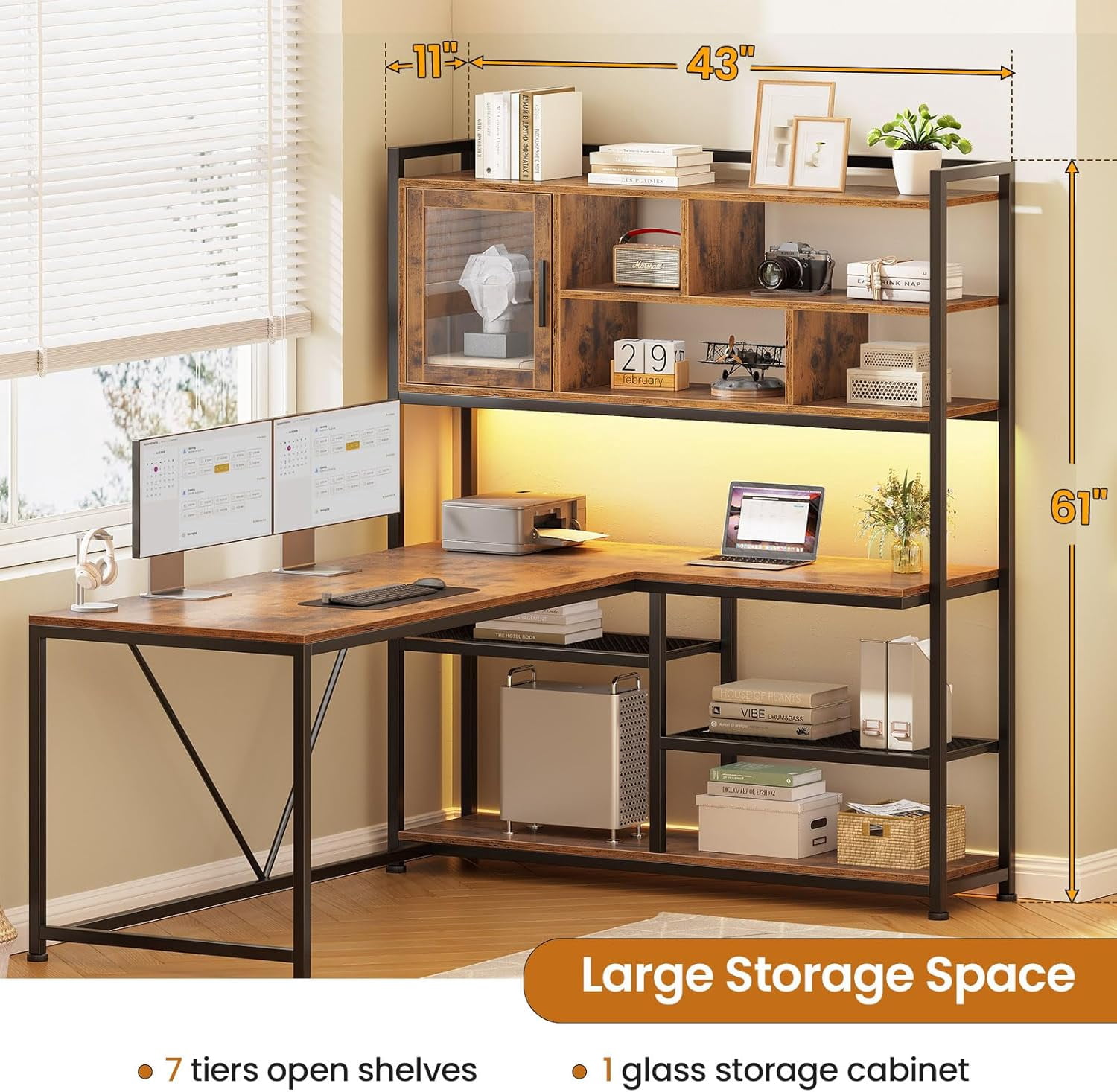 L-Shaped Desk with LED Lights & Hutch, Reversible Corner Computer Desk with Storage Shelves & Glass Cabinet, Writing Desk for Home Study, Rustic Brown