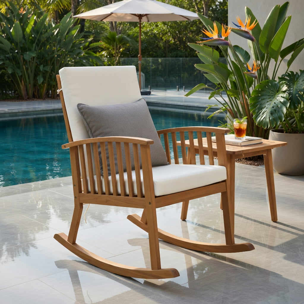 Hommoo Acacia Wood Outdoor Rocking Chair with Removable Washable Cushions, Patio, Backyard & Balcony Seating, Natural