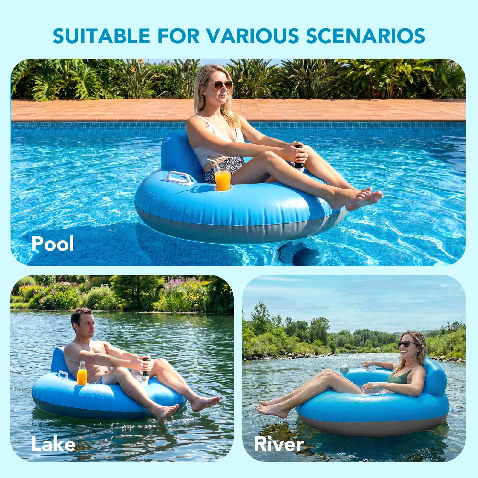 Foxlux Rechargeable & Inflatable Motorized Floats with Cup Holder – Single Motor Heavy Duty Electric Lounger Raft , Pool, Lake & Party Use