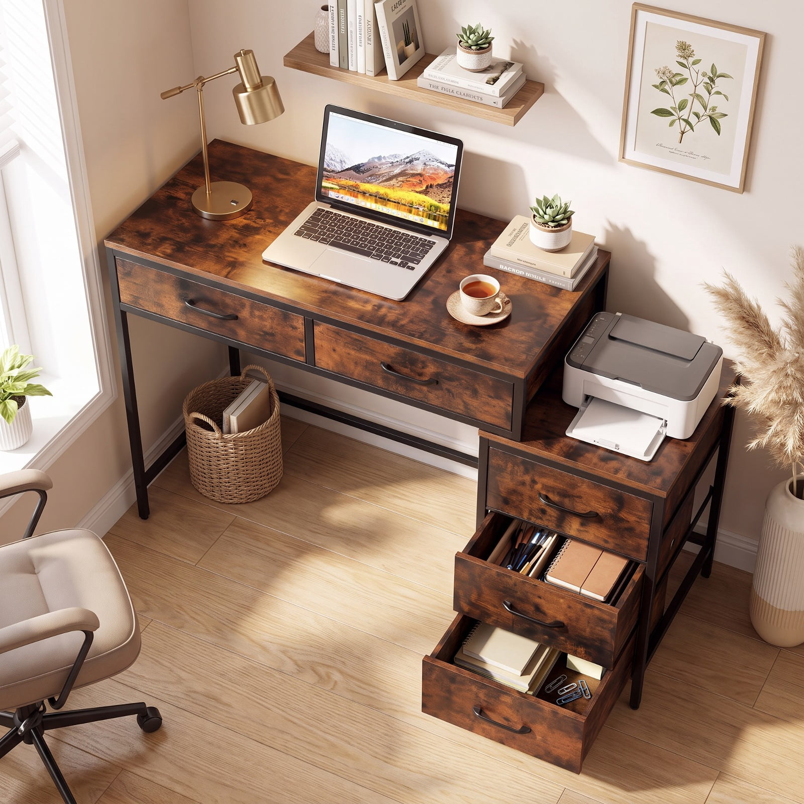 Furnibear Computer Desk with 5 Drawers and Printer Stand for Bedroom and Small Spaces for Home Office Study Computer Writing Workstation, Rustic Brown