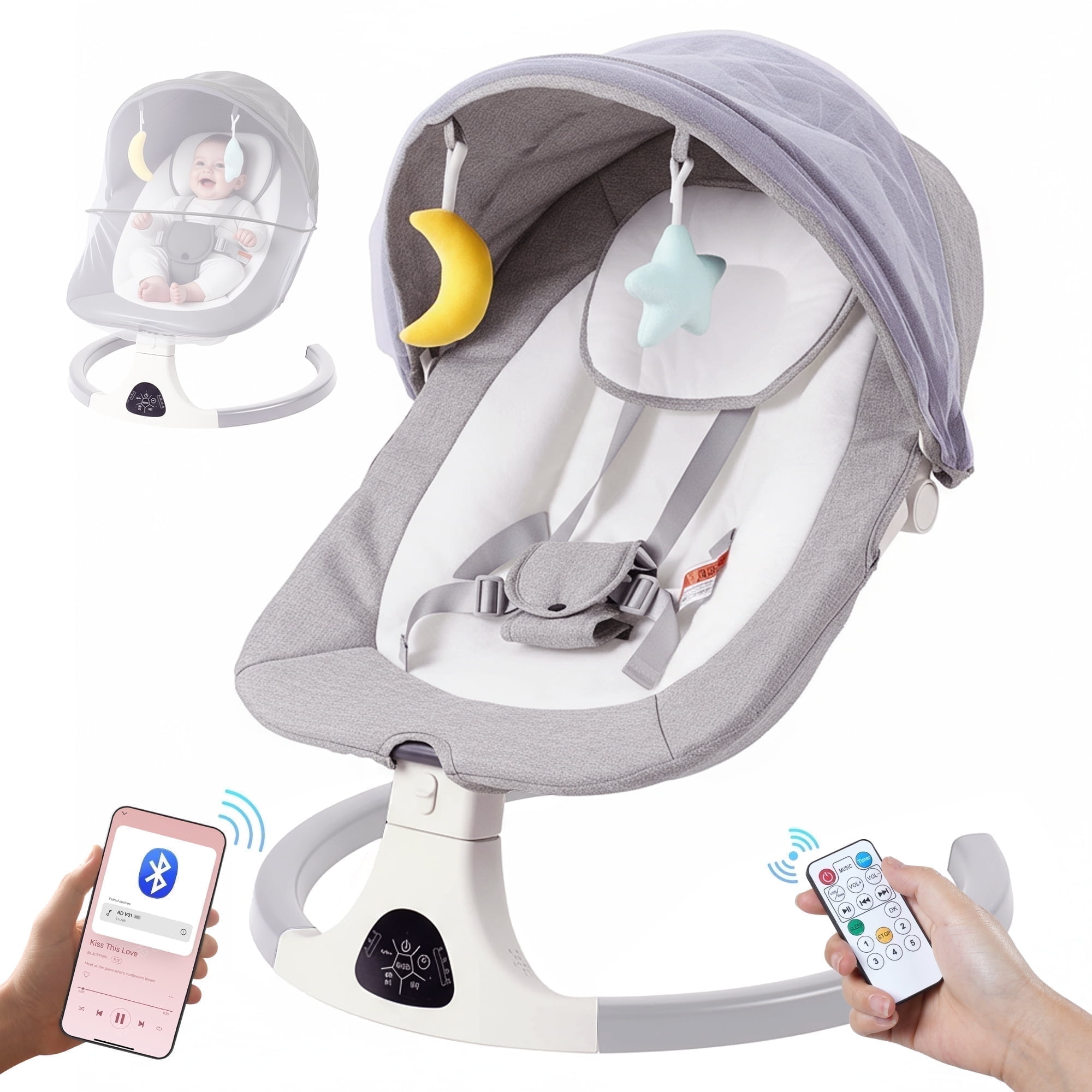 SACVON Baby Swing with Bluetooth Music and Remote Control, 5 Adjustable Settings, Portable, Suitable for Indoor and Outdoor Use, Gray