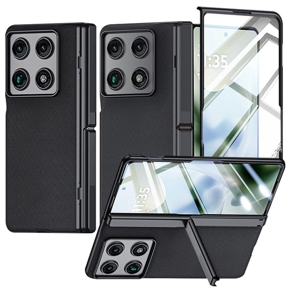 TECH CIRCLE for Motorola Razr Fold 2026 Case, Shockproof Hinge Protection Kickstand Built in Front Tempered Glass Screen Protector Cover Premium Leather PC Case,Black