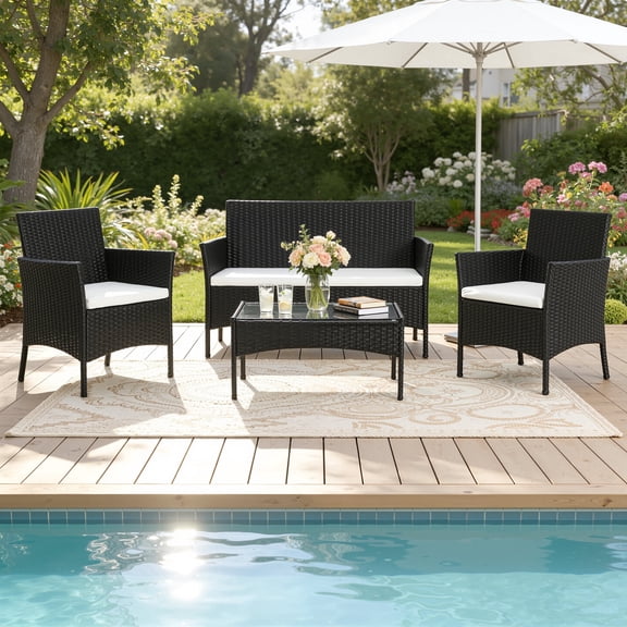 Enyopro 4-Piece Patio Furniture Set, with 2 Arm Chairs, Love Seat & Tempered Glass Coffee Table, Rattan Outdoor Conversation Chair Sets for Patio Porch Deck Balcony, Black