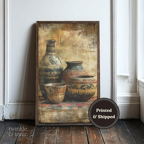 PosterArt Vintage Pottery Art Print Western Home Décor Moody Southwest Poster Antique Mexican Still Life Design, 8x12 UNFRAMED