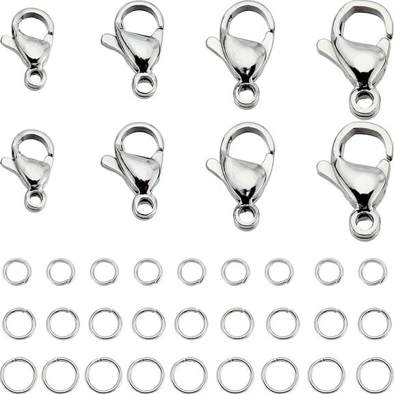 1Box 80Pcs 4 Styles 304 Stainless Steel Lobster Claw Clasps, 150Pcs Open Jump Rings, Stainless Steel Color, 9~13x6~8x3~4mm, Hole: 1~1.5mm, 20Pcs/style