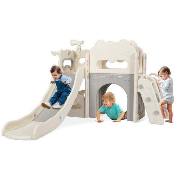 Arlopu Toddler Slide, Indoor Outdoor Slide for Kids with Basketball Hoop, Tunnel, Telescope, Sturdy Baby Slide Climber Set Backyard Playground