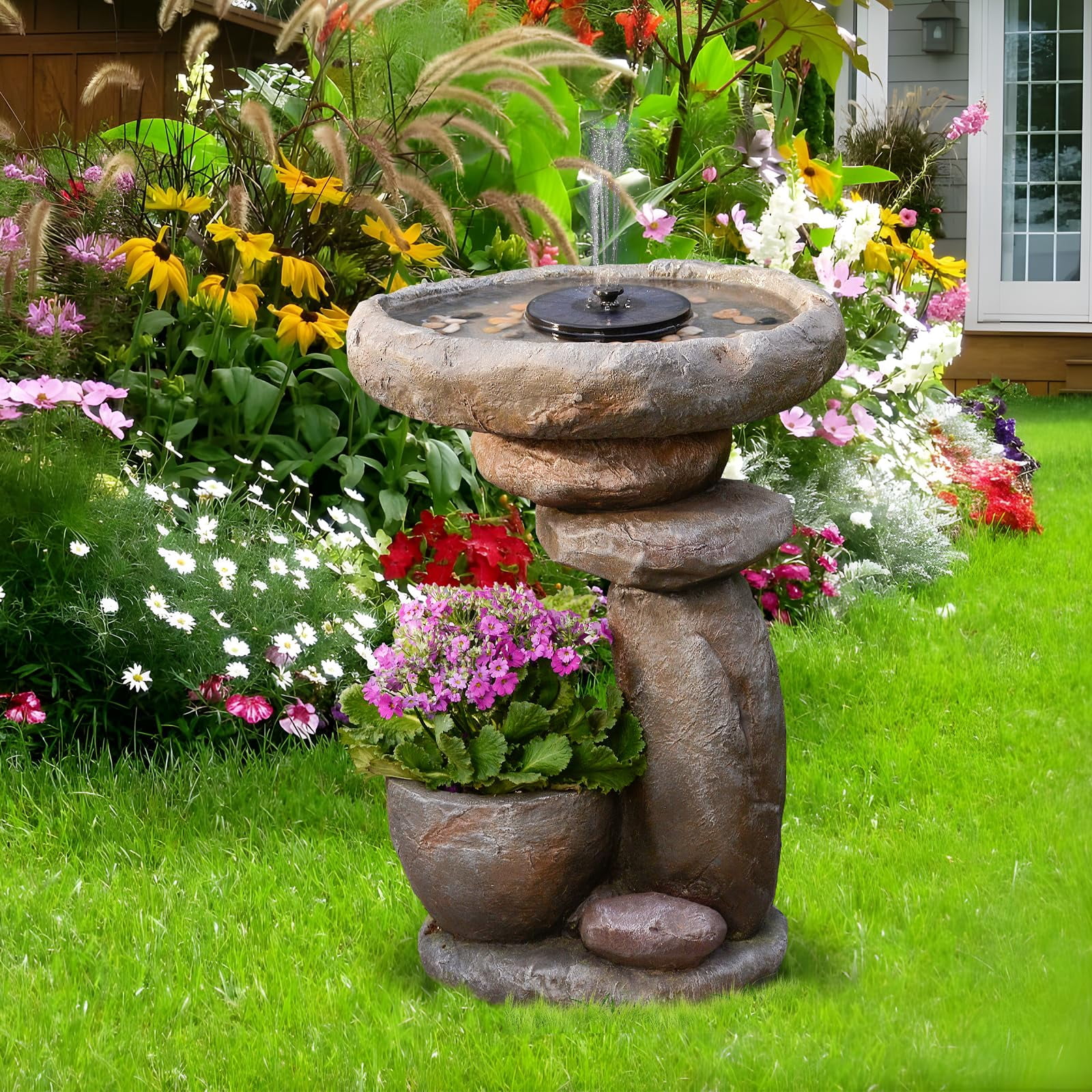 Outdoor Bird Bath Fountain Garden Fountain for Patio Yard Vertical Space Saving Design Weather Resistant Resin Fiberglass Composite