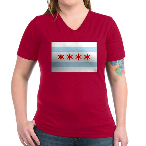 CafePress - Chicago Flag T Shirt - Women's V-Neck Dark T-Shirt