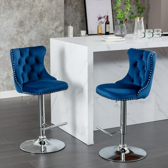 Auranook Set of 2 Velvet Swivel Bar Stools - Adjustable Height , Tufted Back, Chrome Base for Kitchen Island & Pub