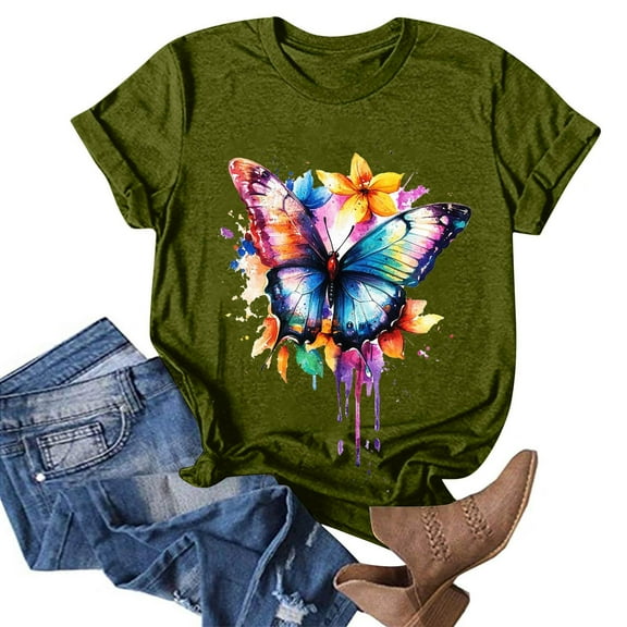 NAMTYQX Summer Tops for Women 2025 Basic Crew Neck Patterned Lightweight Cool Short Sleeve Baggy Plus Size mit Muster Short Sleeve Tops for Women Army Green Size XL