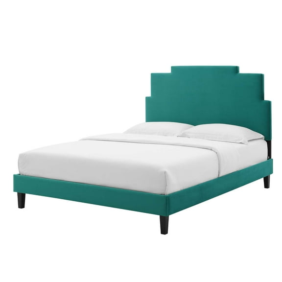 Platform Bed Frame, Full Size, Velvet, Teal Blue, Modern Contemporary Urban Design, Bedroom Master Guest Suite